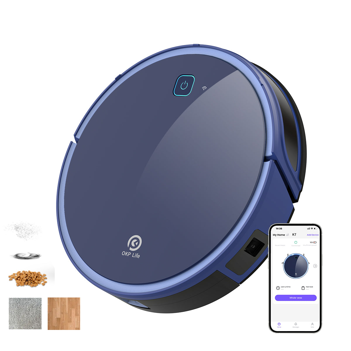 OKP Robot Vacuum Cleaner Lidar Robotic Self Charging Vacuum Robot with  Lidar Navigation Strong Suction for Hard Floors, Blue 